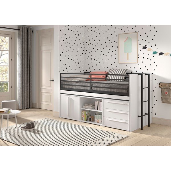 Fehér ágyneműtartós galéria gyerekágy ágyráccsal 90x200 cm Sam – Vipack-image-1