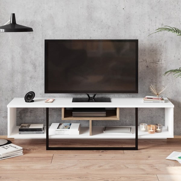 Fehér TV-állvány tölgyfa dekorral 149x40 cm Asal – Kalune Design-image-3