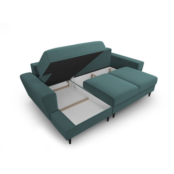 Petróleum színű bársony kinyitható tárolóhelyes sarokkanapé (bal oldali-heverő résszel) Kyoto – Cosmopolitan Design-image-3