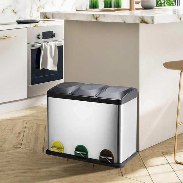 Matt ezüstszínű acél szelektív pedálos szemetes 3x20 l   Tri Selectif – MSV-image-1