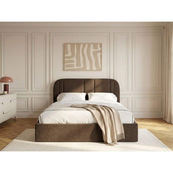 Barna kárpitozott ágyneműtartós franciaágy ágyráccsal 160x200 cm Sidney – Bobochic Paris-image-2
