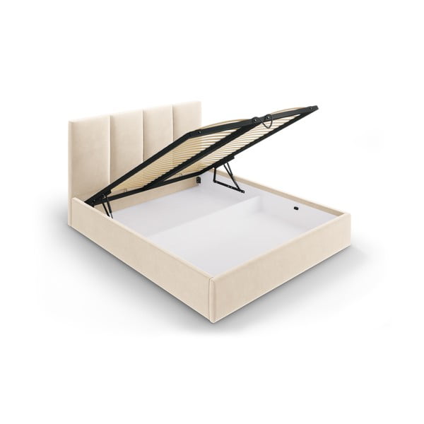 Bézs kárpitozott franciaágy tárolóhellyel ágyráccsal 160x200 cm Juniper – Mazzini Beds-image-3