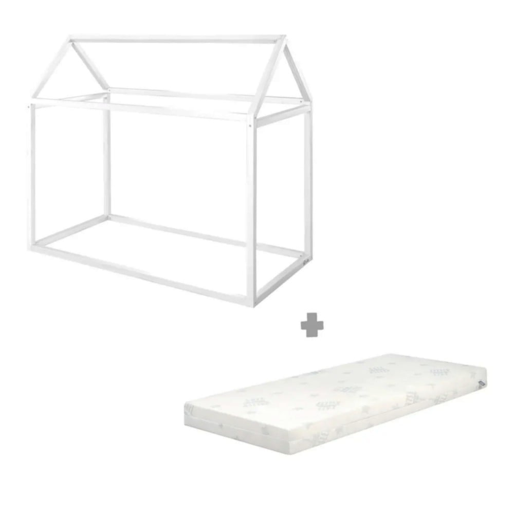 Fehér borovi fenyő házikó alakú gyerekágy matraccal-ágyrács nélkül 70x140 cm House Bed Roba