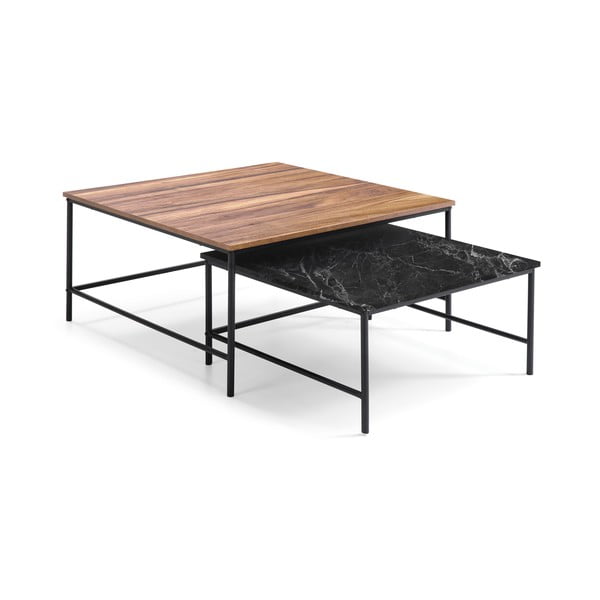 Fekete-natúr színű dohányzóasztal szett diófa dekoros asztallappal 2 db-os 80x80 cm Fiorenza – Marckeric