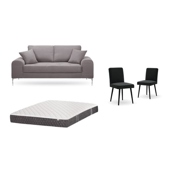 Barna, kétszemélyes kanapé, 2 db fekete szék, matrac (140 x 200 cm) szett - Home Essentials