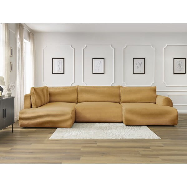Mustársárga kordbársony kinyitható-tárolóhelyes sarokkanapé (bal oldali-U alakú) Lucien – Bobochic Paris-image-1