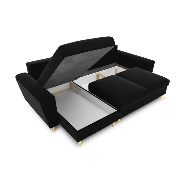 Fekete bársony kinyitható tárolóhelyes sarokkanapé Kyoto – Cosmopolitan Design-image-2