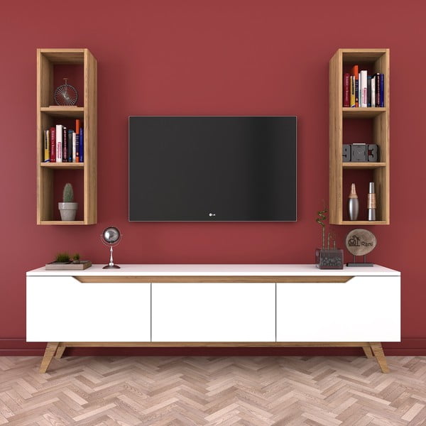 Fehér TV-állvány és 2 db fali polc fa dekorral