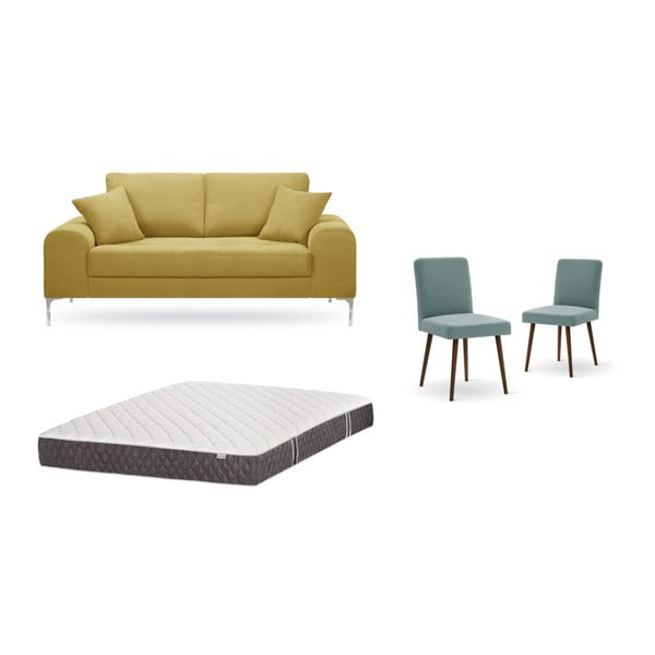 Sárga, kétszemélyes kanapé, 2 db szürkészöld szék, matrac (140 x 200 cm) szett - Home Essentials