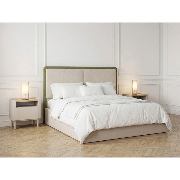 Zöld-bézs kárpitozott ágyneműtartós franciaágy ágyráccsal 180x200 cm Mara – Bobochic Paris-image-1