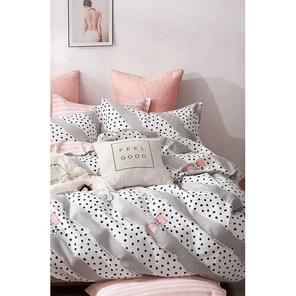 Fehér-rózsaszín háromrészes egyszemélyes hosszabbított pamut ágyneműhuzat lepedővel 160x220 cm Bow and Polka-Dot – Mila Home-image-2