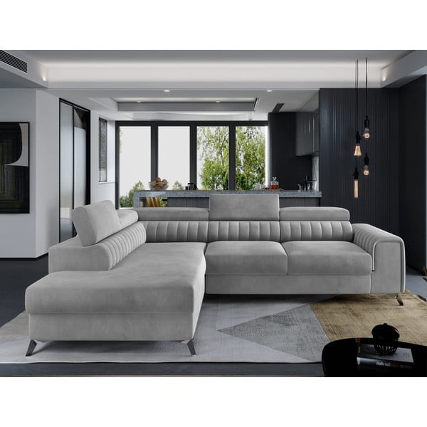 Szürke bársony kinyitható-tárolóhelyes sarokkanapé (bal oldali-L alakú) Laurence – ELTAP-image-1