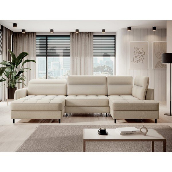 Bézs bársony kinyitható-tárolóhelyes sarokkanapé (jobb oldali-U alakú) Berrto – ELTAP-image-1