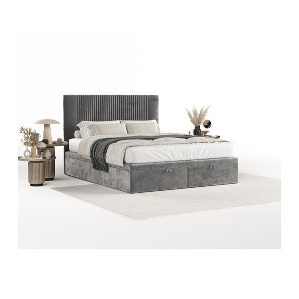 Szürke kárpitozott ágyneműtartós franciaágy 180x200 cm Mavel – Maison de Rêve-image-1