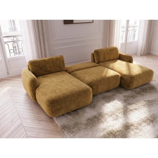 Sárga bársony kinyitható-tárolóhelyes (U alakú) sarokkanapé Celeste – Bobochic Paris-image-3