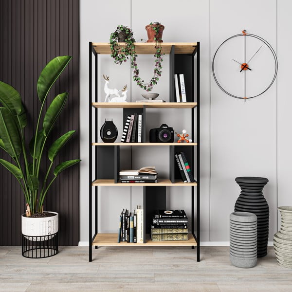 Fekete-natúr színű könyvespolc tölgyfa dekorral 88x175 cm Alabama – Marckeric-image-4