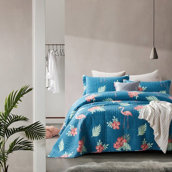 Flamingo kék mikroperkál ágytakaró két párnahuzattal, 250 x 260 cm - Sleeptime