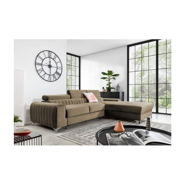 Világosbarna bársony kinyitható-tárolóhelyes sarokkanapé (jobb oldali-heverő résszel) Grayson – ELTAP-image-1