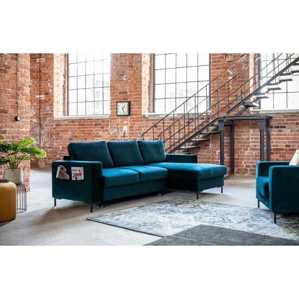 Petróleumkék bársony kinyitható sarokkanapé (jobb oldali) Lofty Lilly – Miuform-image-3