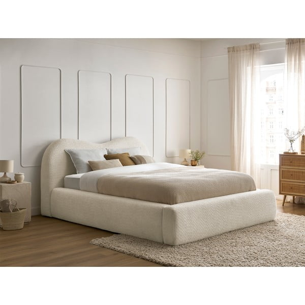 Bézs kárpitozott ágyneműtartós franciaágy ágyráccsal 180x200 cm Orlane – Bobochic Paris-image-1