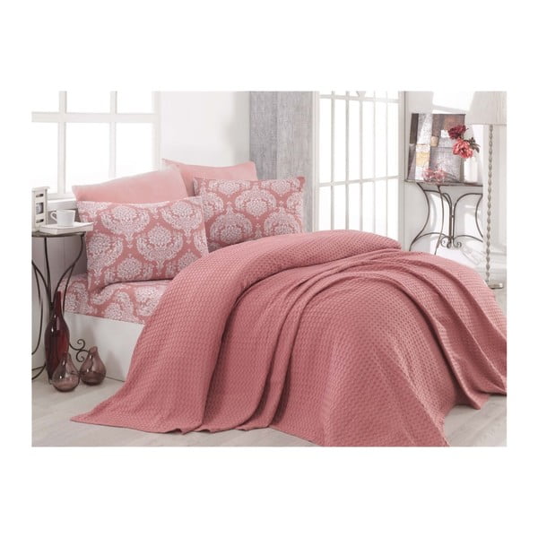 Turro Messo kétszemélyes rózsaszín pamut ágytakaró lepedővel és 2 párnahuzattal, 200 x 235 cm
