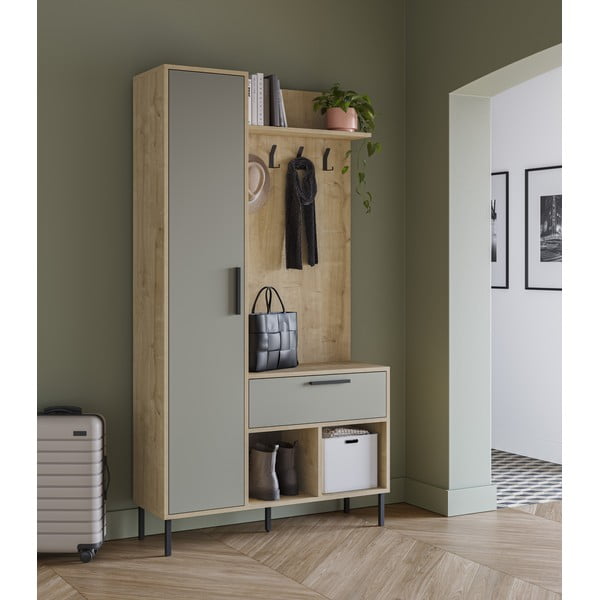 Zöld-natúr színű előszoba bútor tölgyfa dekorral 108x195x35 cm Heidy – Marckeric-image-1