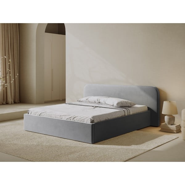 Világosszürke kárpitozott ágyneműtartós franciaágy ágyráccsal 140x200 cm Elizabeth – Micadoni -image-1