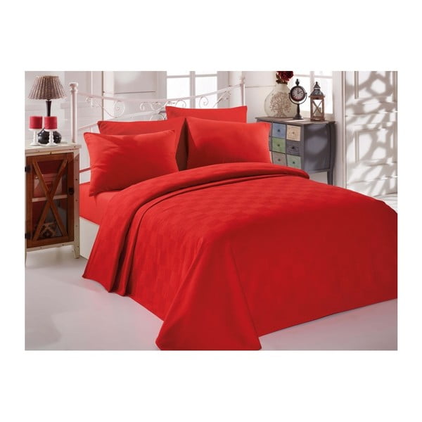 Single Pique Rojo piros pamut ágytakaró egyszemélyes ágyra, 160 x 235 cm
