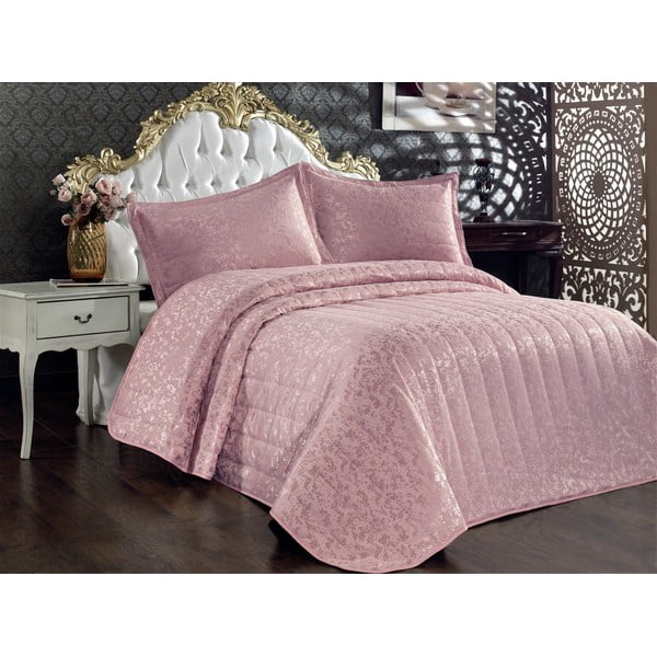 Rózsaszín pamut steppelt ágytakaró és párnahuzat szett franciaágyra 240x260 cm Bulut – Mijolnir