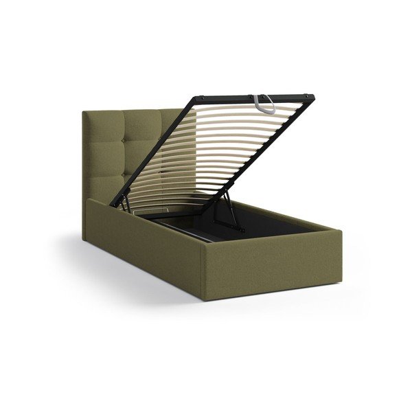 Zöld kárpitozott ágyneműtartós egyszemélyes ágy ágyráccsal 90x200 cm Phaedra – Micadoni -image-1