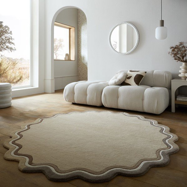 Natúr színű kézi szövésű gyapjú kerek szőnyeg ø 180 cm Leo Scallop – Flair Rugs-image-1