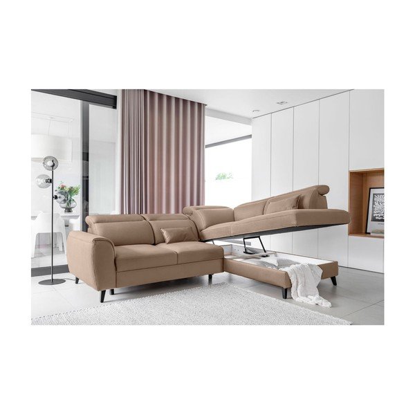 Világosbarna bársony kinyitható-tárolóhelyes sarokkanapé (jobb oldali-L alakú) Noble – ELTAP-image-3