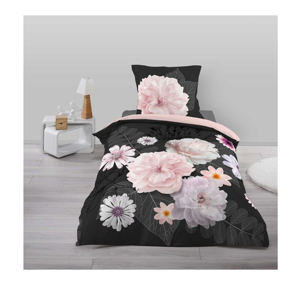 Fekete-rózsaszín egyszemélyes pamut ágyneműhuzat 140x200 cm Floral – douceur d'intérieur