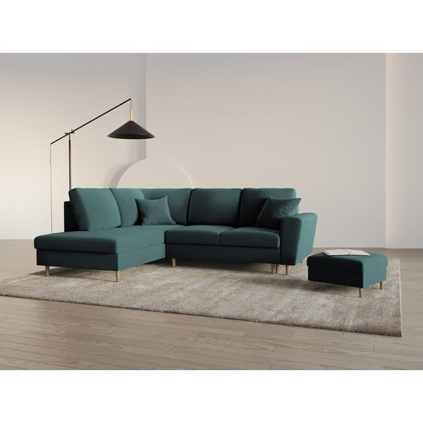 Petróleum színű bársony kinyitható tárolóhelyes sarokkanapé (bal oldali-L alakú) Kyoto – Cosmopolitan Design-image-2