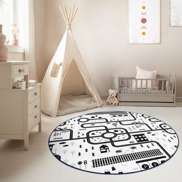 Fekete-fehér mosható gyerek játszószőnyeg ø150 cm In My Town – Mila Home-image-2