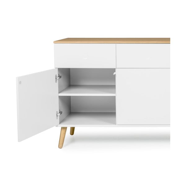 Dot fehér négyajtós tálalószekrény tölgyfa dekorral, 4 fiókkal - Tenzo-image-3