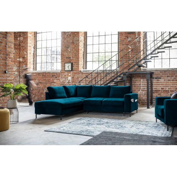 Türkiz bársony kinyitható sarokkanapé (bal oldali) Lofty Lilly – Miuform-image-1