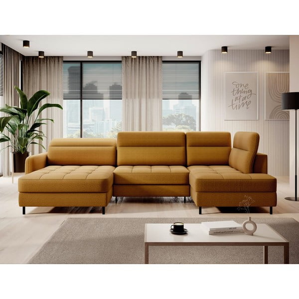 Sárga bársony kinyitható-tárolóhelyes sarokkanapé (jobb oldali-U alakú) Berrto – ELTAP-image-1