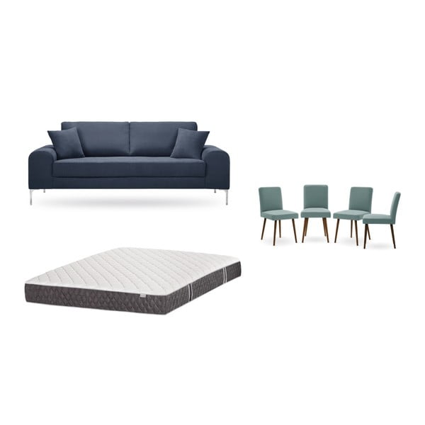 Sötétkék, háromszemélyes kanapé, 4 db szürkészöld szék, matrac (160 x 200 cm) szett - Home Essentials