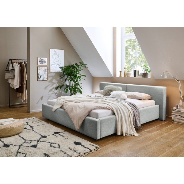 Szürke kárpitozott ágyneműtartós franciaágy ágyráccsal 160x200 cm Cube – Meise Möbel-image-1