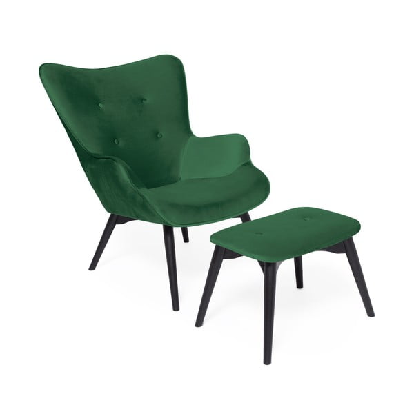 Cora Velvet smaragdzöld fotel és lábtartó, fekete lábszerkezet - Vivonita