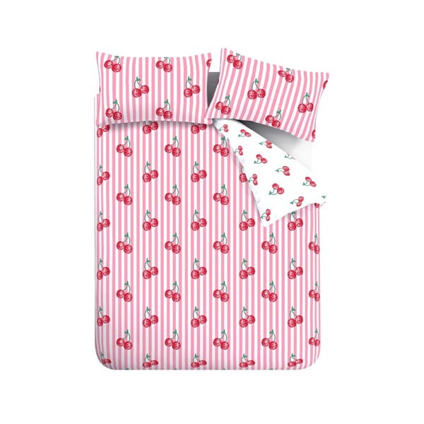 Fehér-rózsaszín kétszemélyes-hosszabbított ágyneműhuzat 230x220 cm Disco Cherries Stripes – Catherine Lansfield