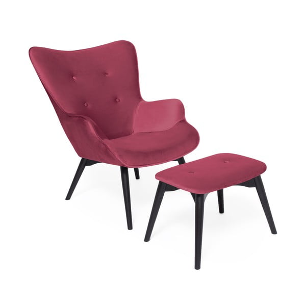 Cora Velvet rózsaszín fotel és lábtartó, fekete lábszerkezet - Vivonita