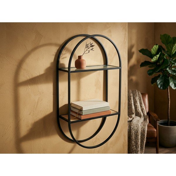 Fekete-natúr színű többszintes fém fali polc 35 cm Mataram – Premier Housewares-image-1