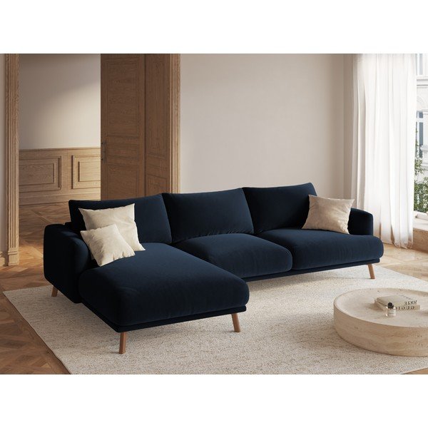 Sötétkék bársony sarokkanapé (bal oldali-heverő résszel) Naomi – Micadoni -image-1