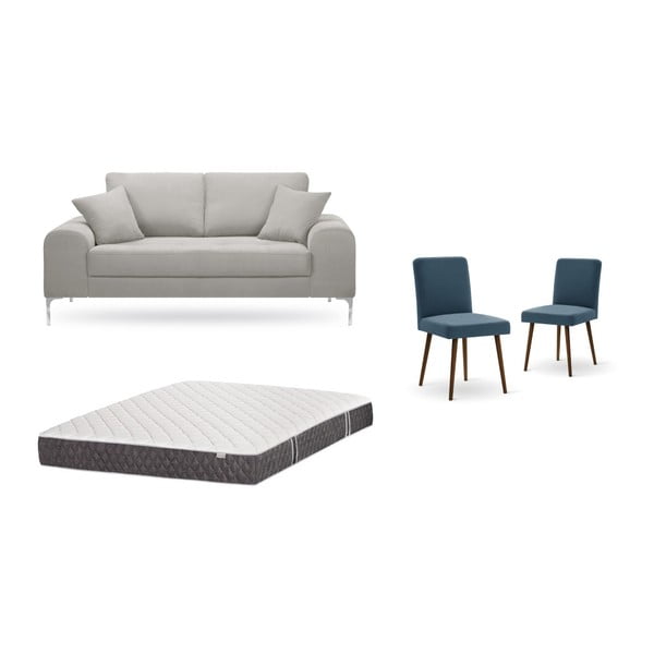 Világosszürke, kétszemélyes kanapé, 2 db kék szék, matrac (140 x 200 cm) szett - Home Essentials
