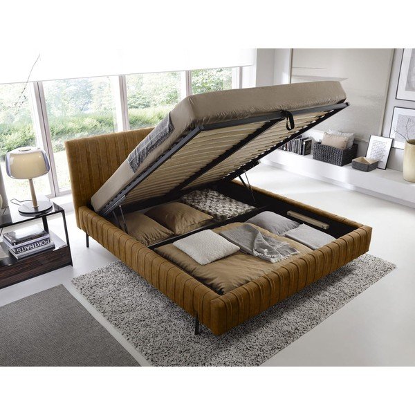 Okkersárga kárpitozott ágyneműtartós franciaágy ágyráccsal 180x200 cm Plissa – ELTAP-image-2