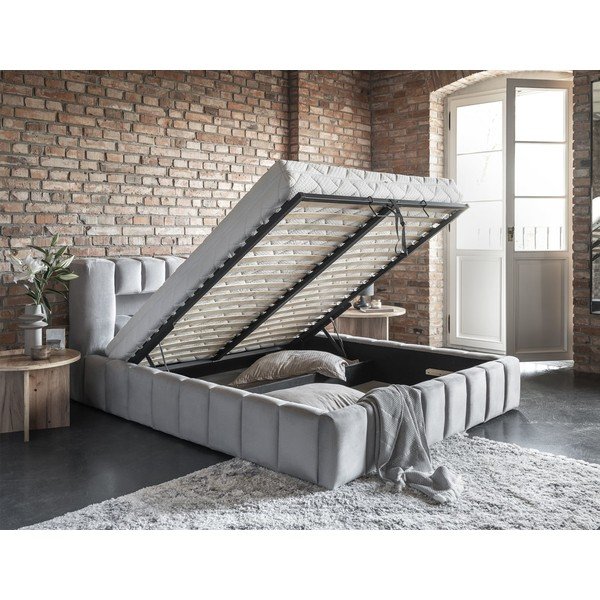 Világosszürke kárpitozott ágyneműtartós franciaágy ágyráccsal 160x200 cm Lamica – ELTAP-image-3