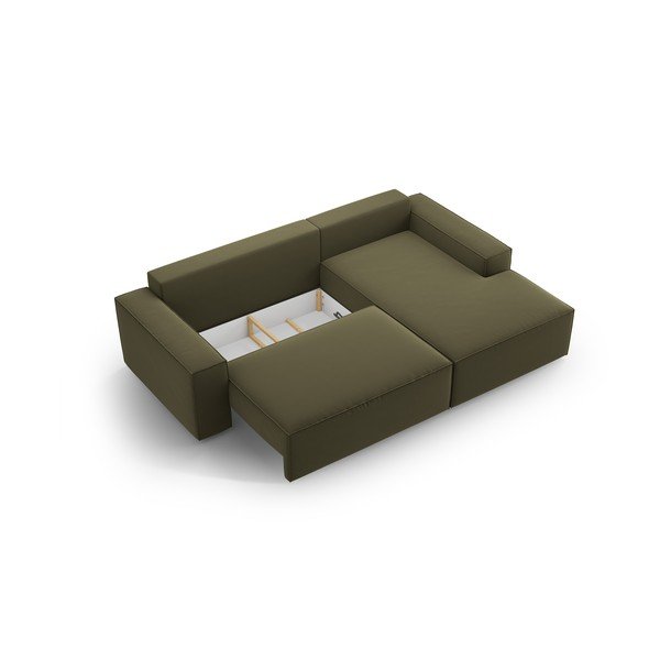 Zöld bársony kinyitható-tárolóhelyes sarokkanapé (jobb oldali-heverő résszel) Jodie – Micadoni -image-4