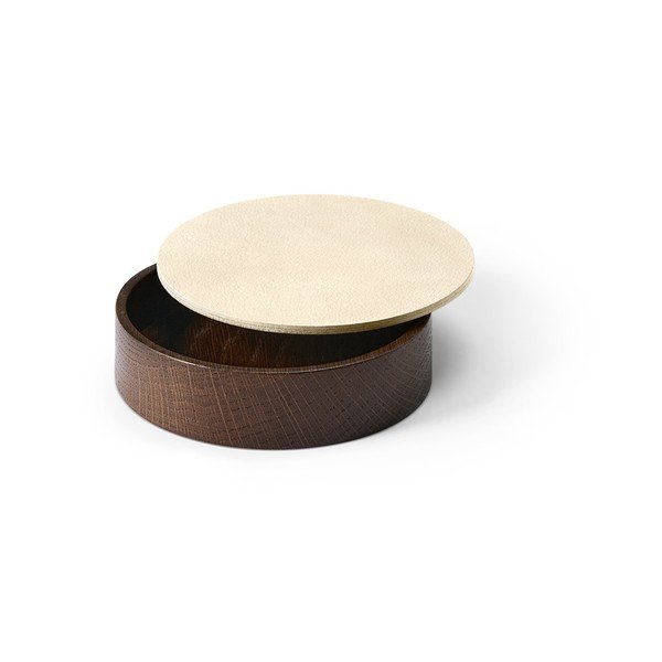 Barna-krémszínű fedeles-dekoratív fa-öko bőr tárolódoboz ø 11x3,5 cm Circle Nupo – LIND DNA-image-1